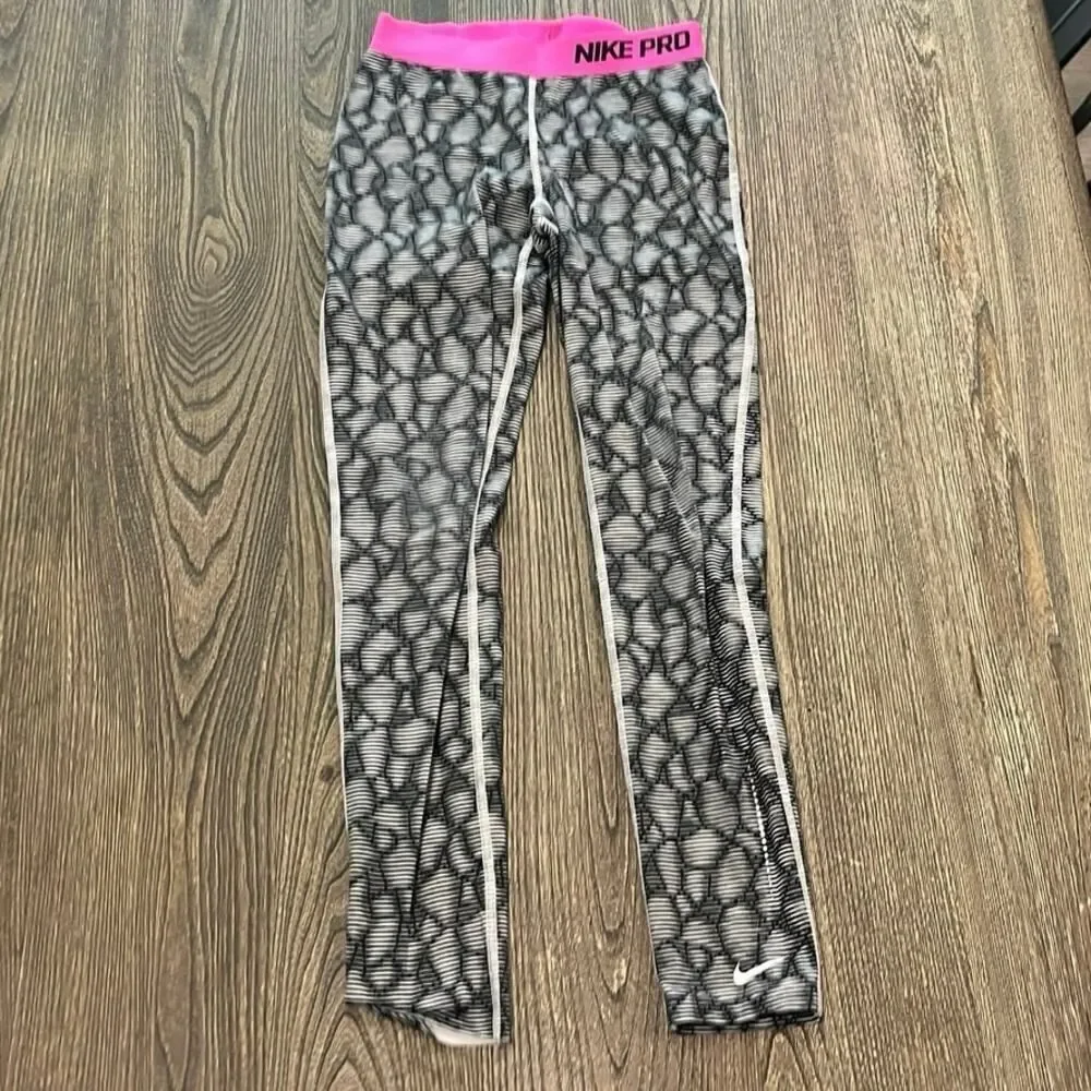 Nike Pro Womens Abstract Print Leggings Elastic Waist Full Length Black Size L